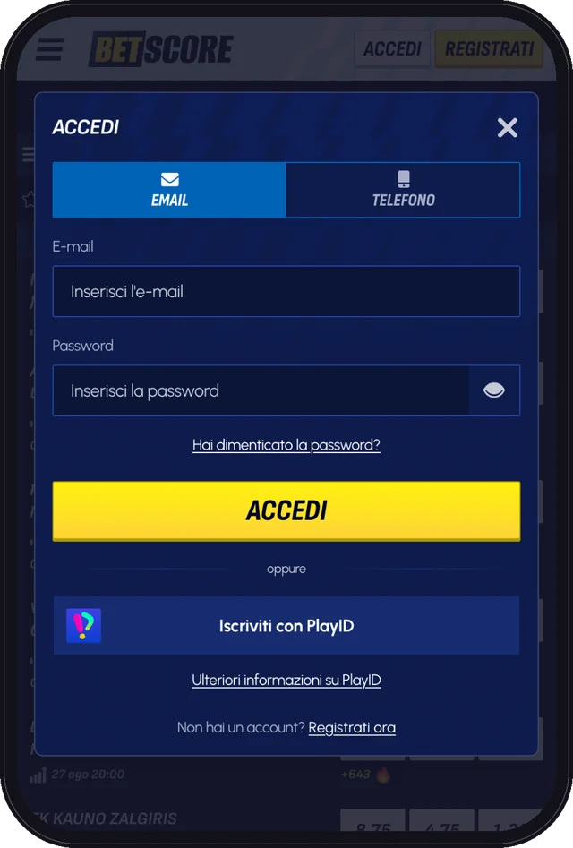 Schermata di login BetScore da mobile: accesso con e-mail o telefono, password e link “Hai dimenticato la password?”