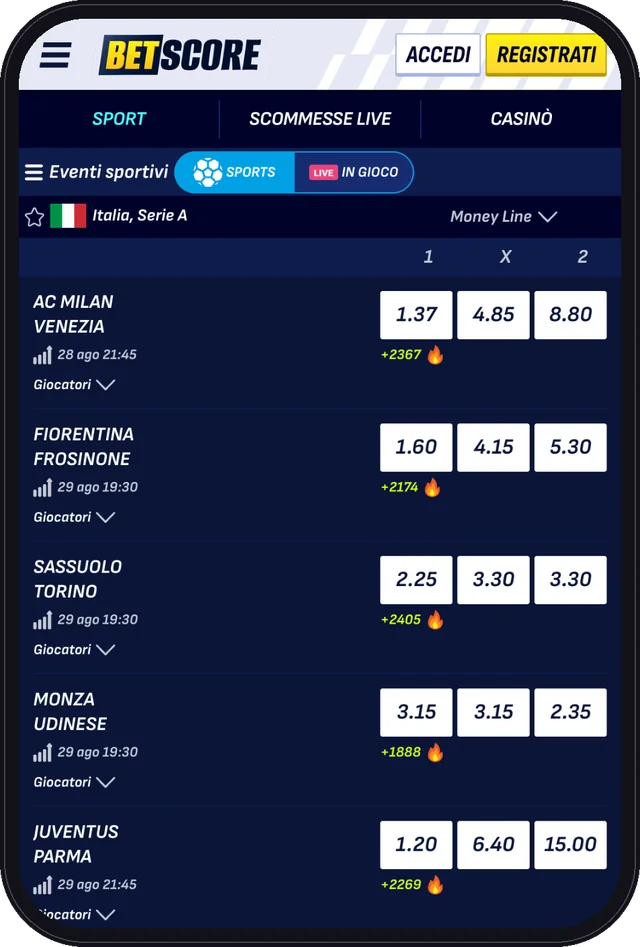 Quote Serie A su BetScore da mobile: Milan-Venezia, Fiorentina-Frosinone, Sassuolo-Torino, Monza-Udinese, Juventus-Parma